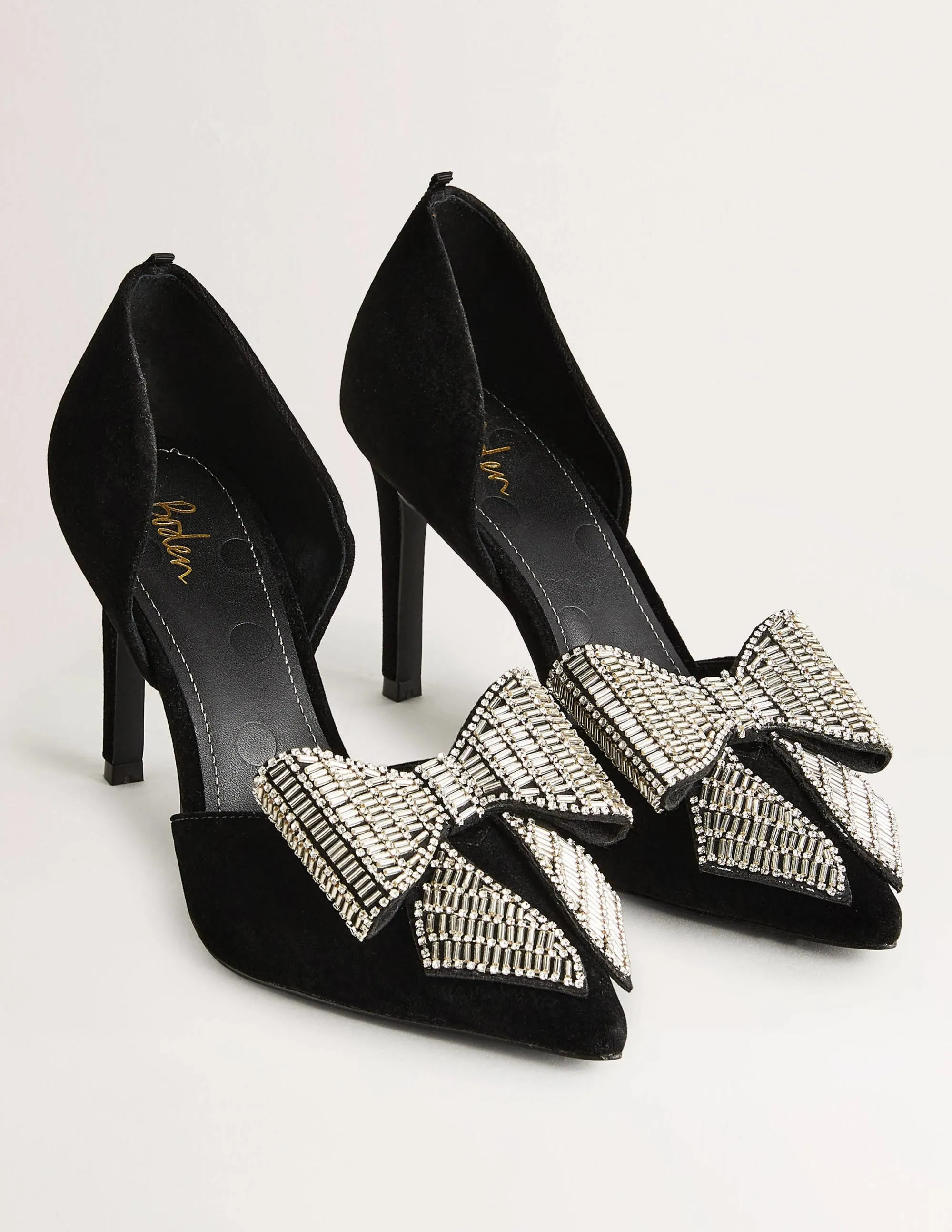 Bow Embellished Heeled Courts-Black Velvet