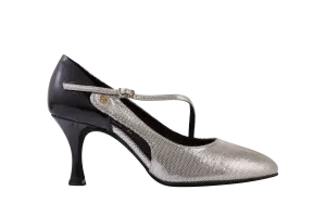 Dance Naturals 90 Moretta Black Patent and Silver Fish Rounded Toe Ballroom Dance Shoe with Diagonal Strap