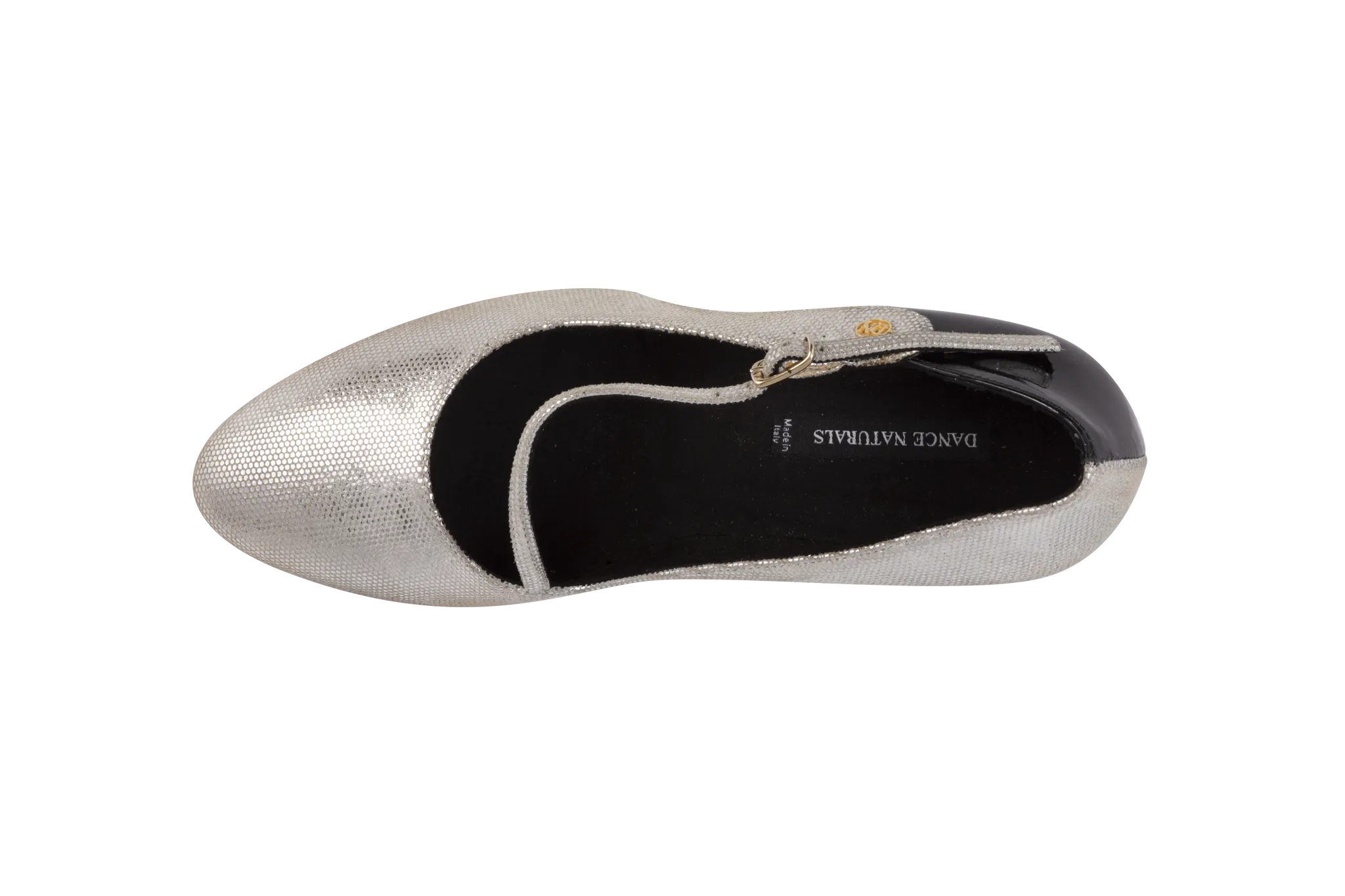 Dance Naturals 90 Moretta Black Patent and Silver Fish Rounded Toe Ballroom Dance Shoe with Diagonal Strap