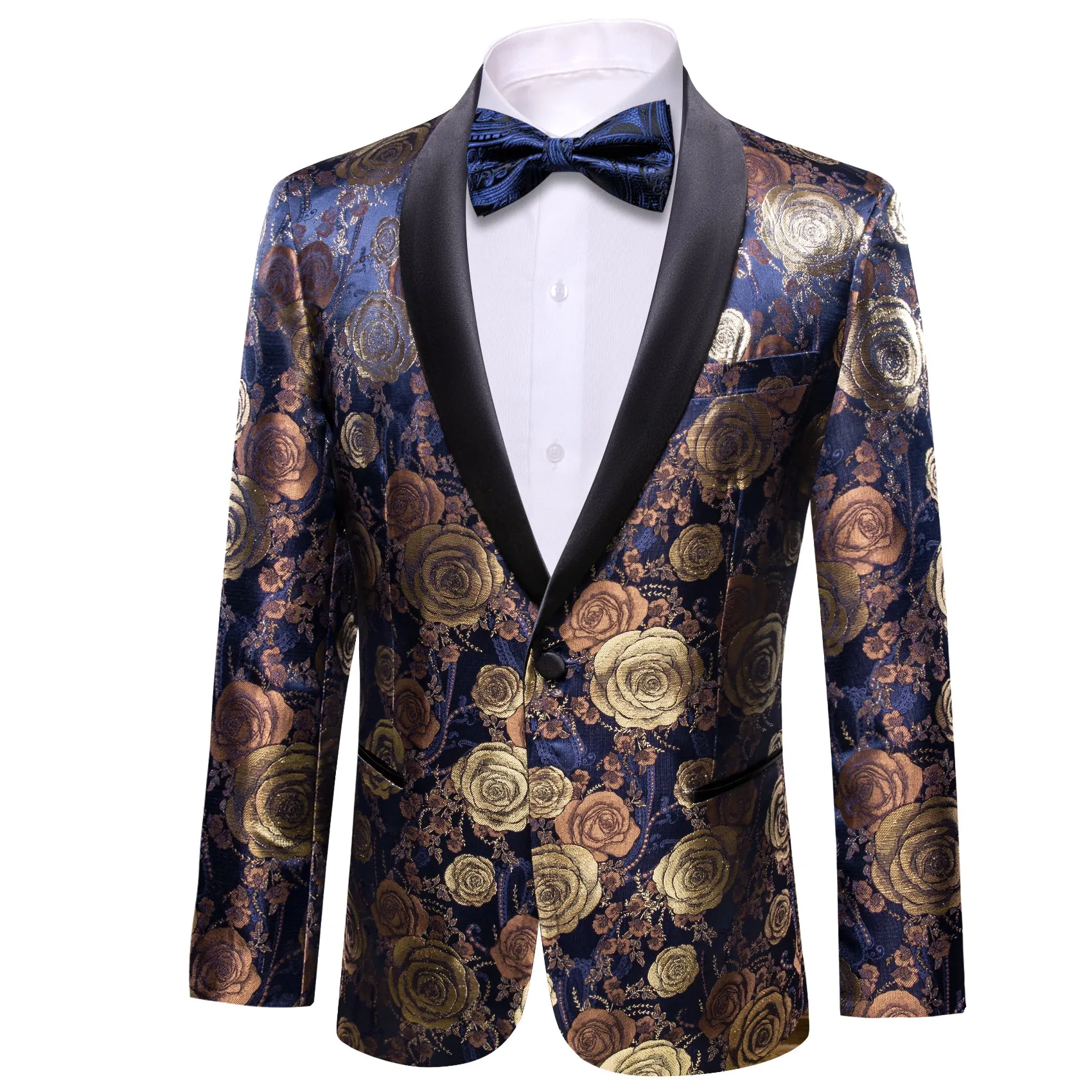 Gold Blue Brown Floral Rose Men's Suit for Party