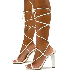 Tanner Strappy Sandals Square Toe Knotted Detail Lace Tie Up High Block Heels in White Patent