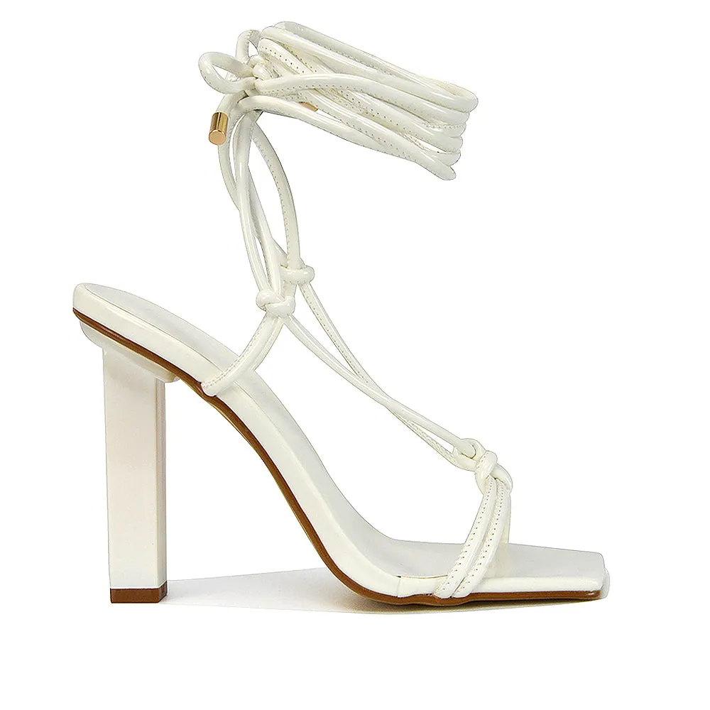 Tanner Strappy Sandals Square Toe Knotted Detail Lace Tie Up High Block Heels in White Patent