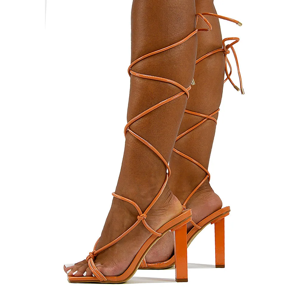 Tanner Strappy Sandals Square Toe Knotted Detail Lace Tie Up High Block Heels in White Patent