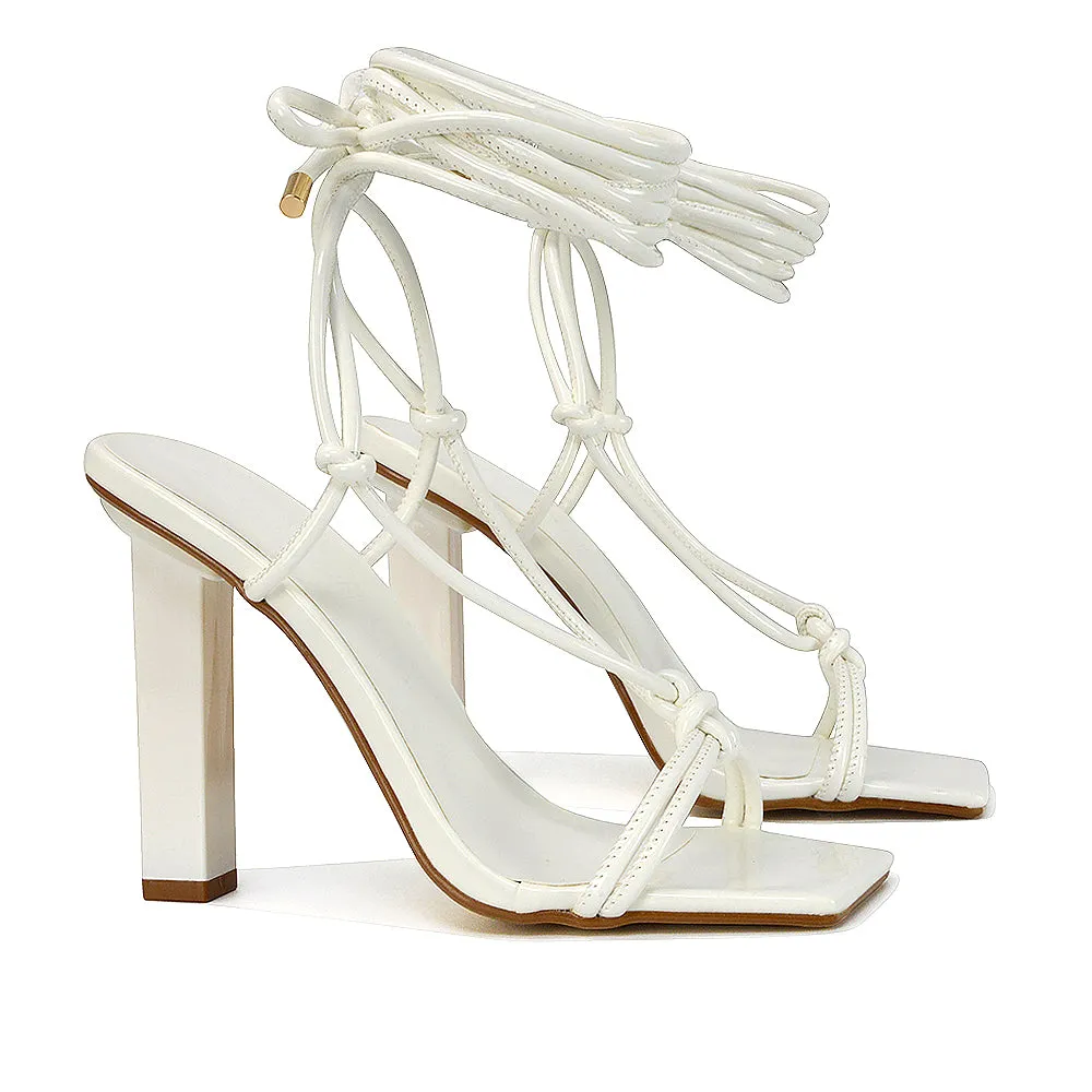 Tanner Strappy Sandals Square Toe Knotted Detail Lace Tie Up High Block Heels in White Patent