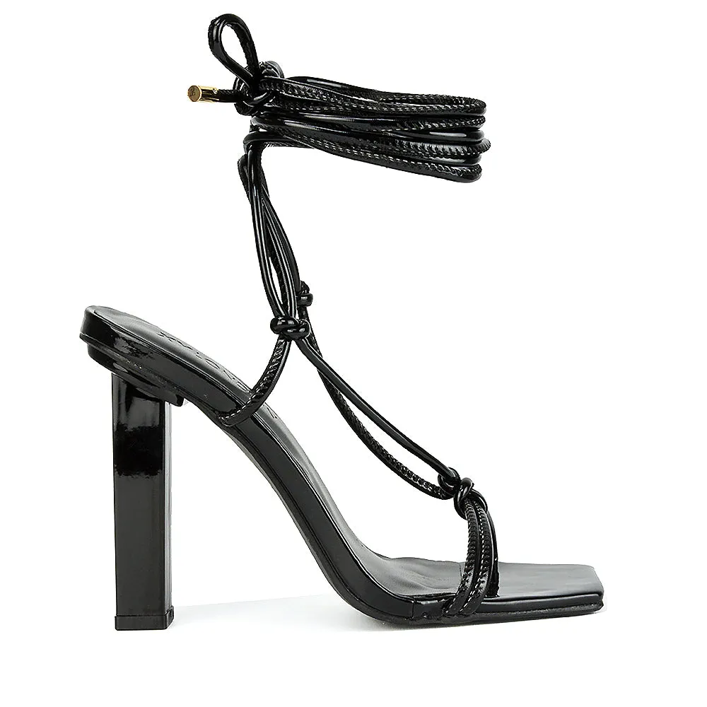 Tanner Strappy Sandals Square Toe Knotted Detail Lace Tie Up High Block Heels in White Patent