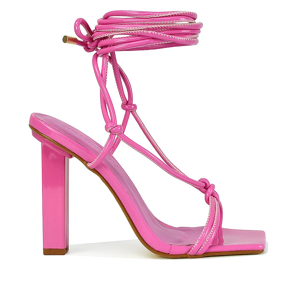 Tanner Strappy Sandals Square Toe Knotted Detail Lace Tie Up High Block Heels in White Patent