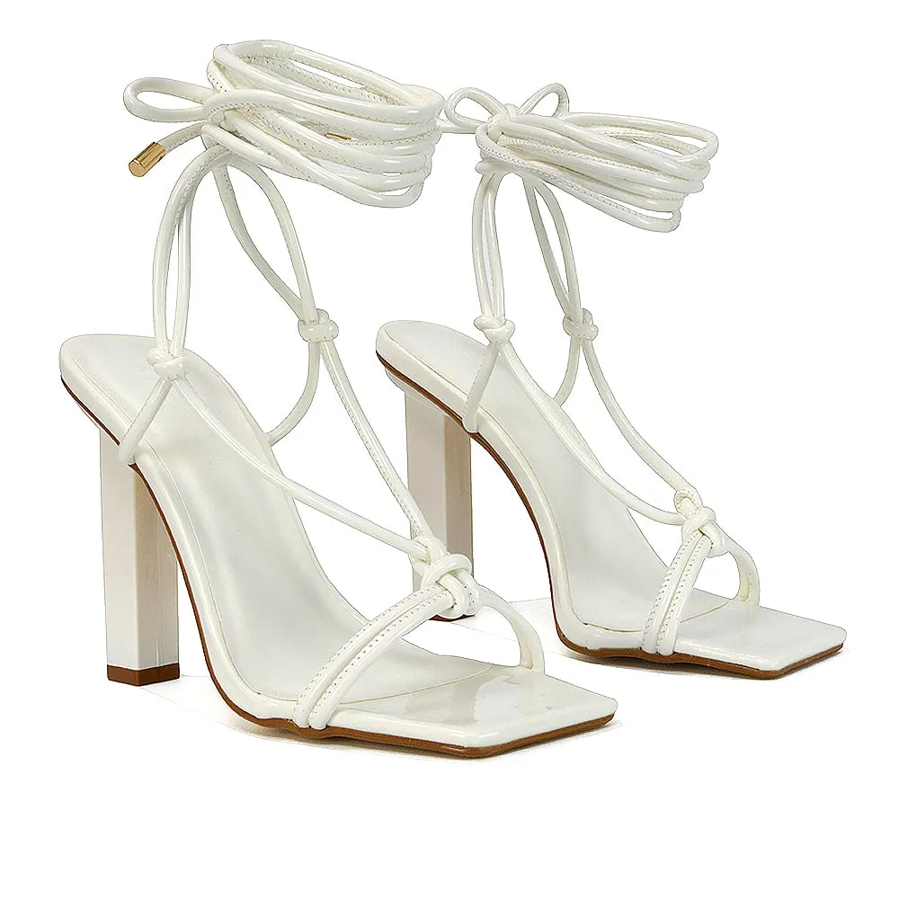 Tanner Strappy Sandals Square Toe Knotted Detail Lace Tie Up High Block Heels in White Patent