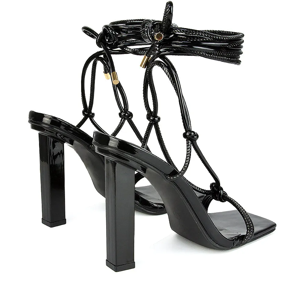 Tanner Strappy Sandals Square Toe Knotted Detail Lace Tie Up High Block Heels in White Patent