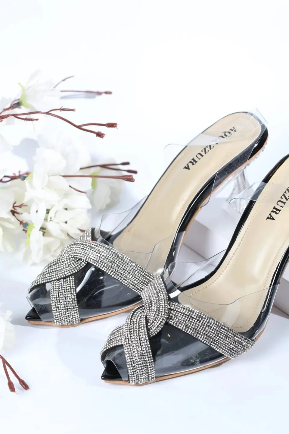 WOMEN RHINESTONE PEEP TOE SANDALS - BLACK