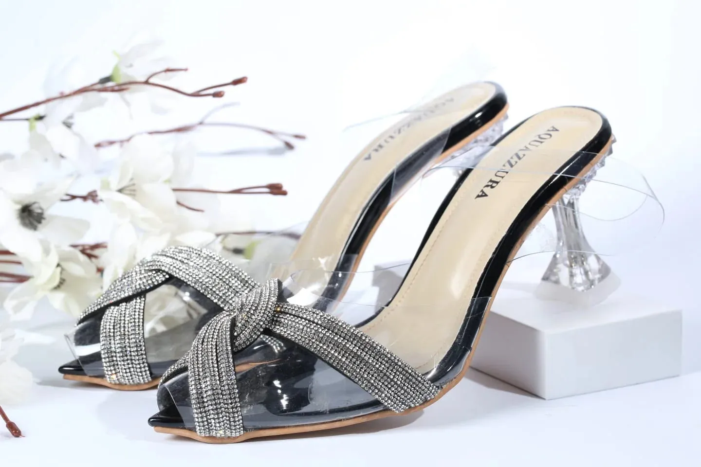 WOMEN RHINESTONE PEEP TOE SANDALS - BLACK