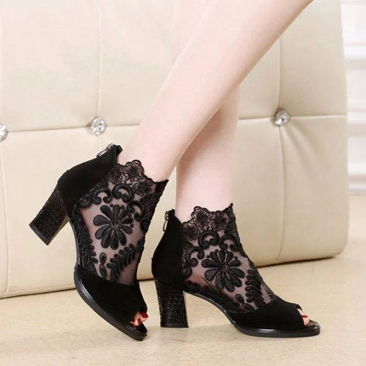 Women's peep toe mesh summer chunky high heel booties with back zipper
