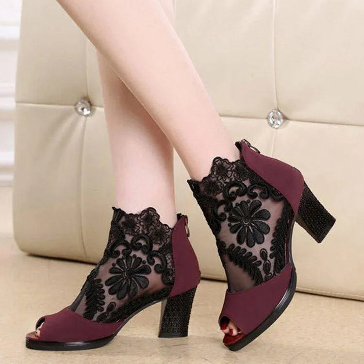 Women's peep toe mesh summer chunky high heel booties with back zipper