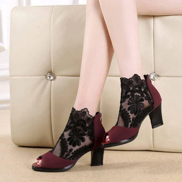 Women's peep toe mesh summer chunky high heel booties with back zipper