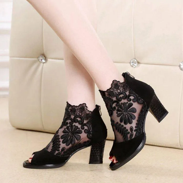 Women's peep toe mesh summer chunky high heel booties with back zipper