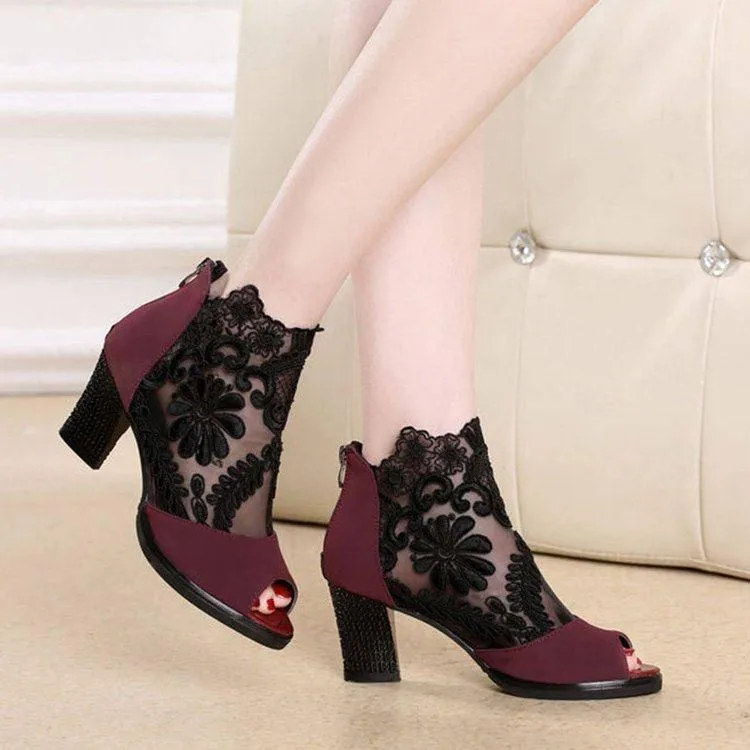 Women's peep toe mesh summer chunky high heel booties with back zipper