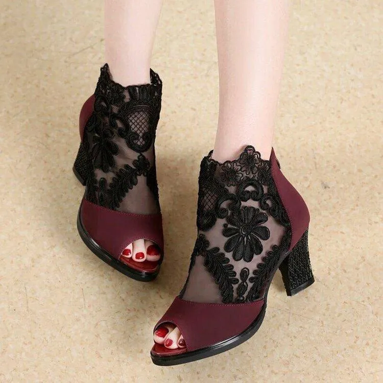 Women's peep toe mesh summer chunky high heel booties with back zipper